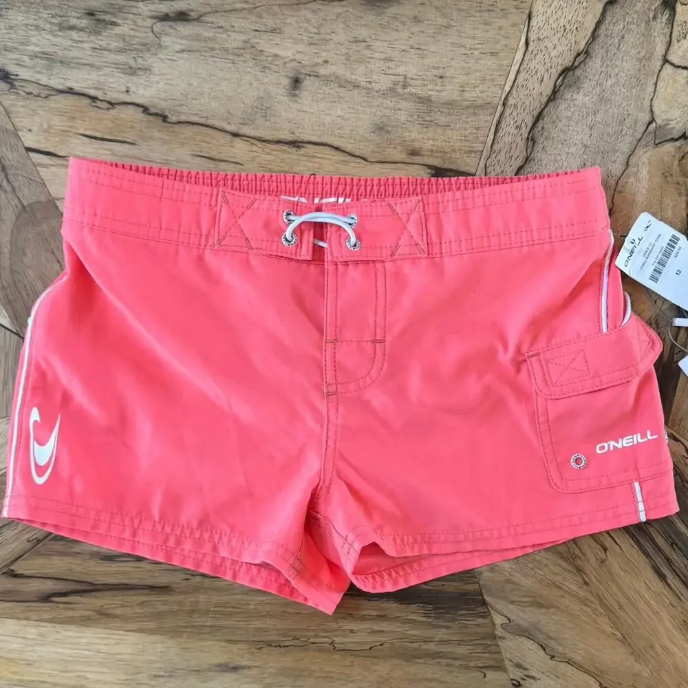 O'Neill Girls Cowell Boardshorts SZ 12 Coral Pink Swim Beach Shorts Side Pocket